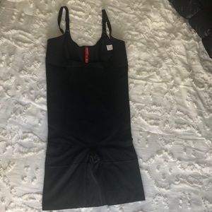 Spanx black medium body suit open bust mid thigh
